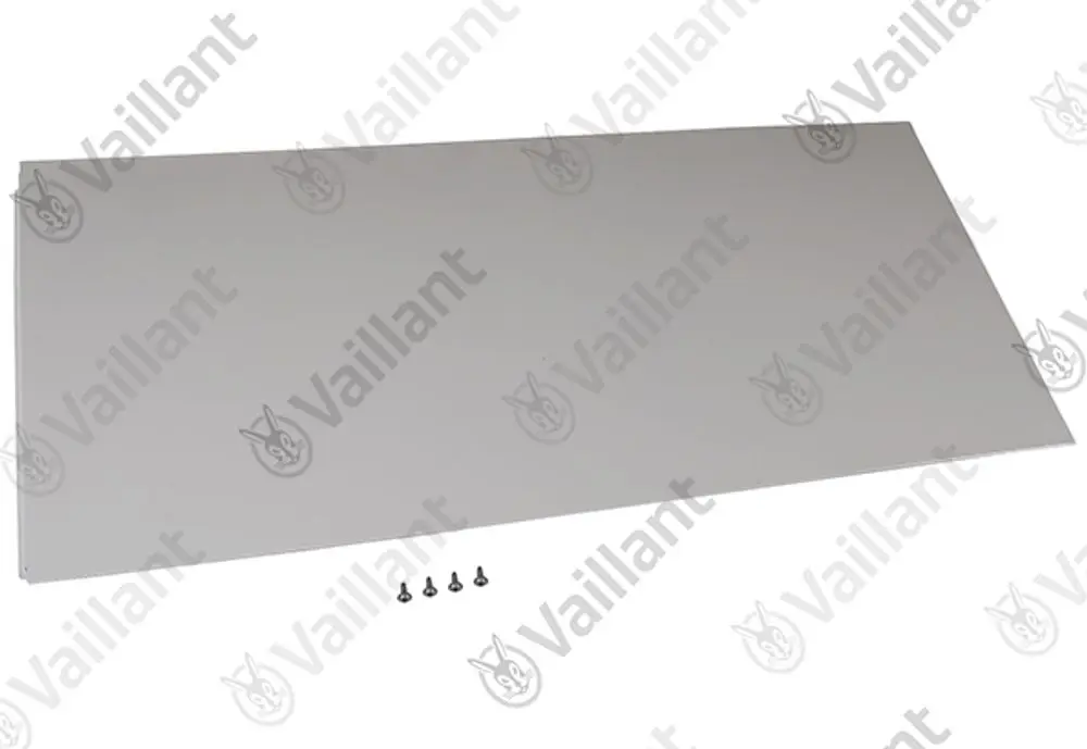 Vaillant Frontblech in neutraler Farbe, flache Oberfläche, positioniert auf einem hellen Untergrund, daneben vier Befestigungsschrauben sichtbar.
